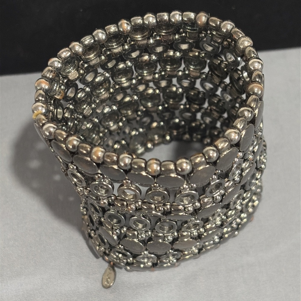 VTG Y2K Silver Statement Cuff Bracelet Set - Aldo Beaded & Hammered Flare Cuffs - Picture 3 of 12